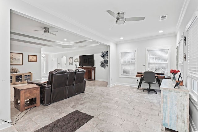 116 Ocean Sands Ct, Myrtle Beach, SC 29579 - living area with crown molding, ceiling fan, visible vents, recessed lighting, and baseboards