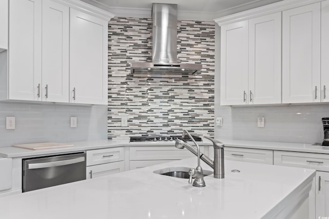 116 Ocean Sands Ct, Myrtle Beach, SC 29579 - kitchen featuring light countertops, crown molding, wall chimney exhaust hood, decorative backsplash, and stainless steel appliances