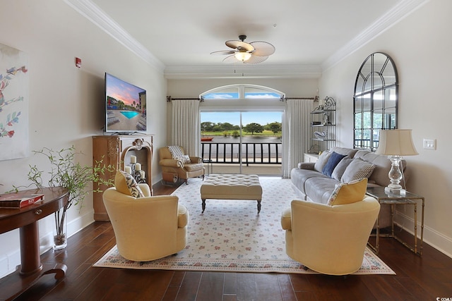 living room featuring ceiling fan, dark hardwood / wood-style floors, and a wealth of natural light