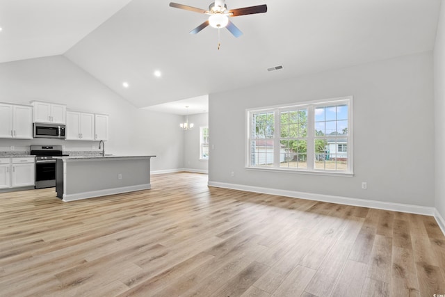 kitchen featuring visible vents, stainless steel appliances, white cabinets, light wood-style floors, and open floor plan