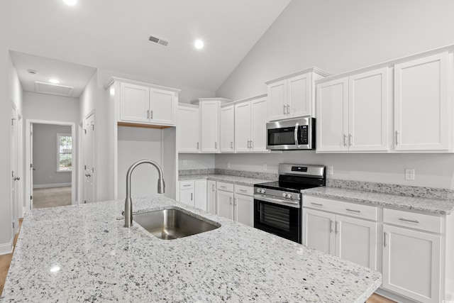 kitchen with white cabinets, visible vents, appliances with stainless steel finishes, and a sink