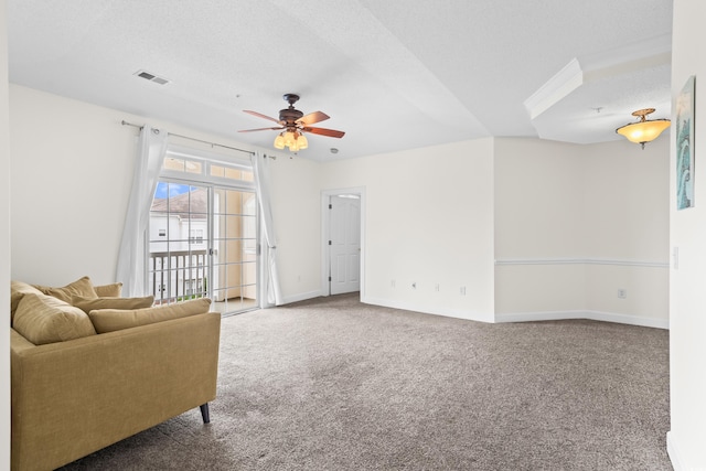 2241 Waterview Dr Unit 437, North Myrtle Beach, SC 29582 - living room with carpet floors, ceiling fan, baseboards, and a textured ceiling