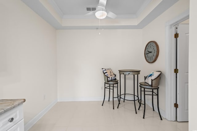 2241 Waterview Dr Unit 437, North Myrtle Beach, SC 29582 - dining room featuring ornamental molding, a tray ceiling, ceiling fan, and baseboards