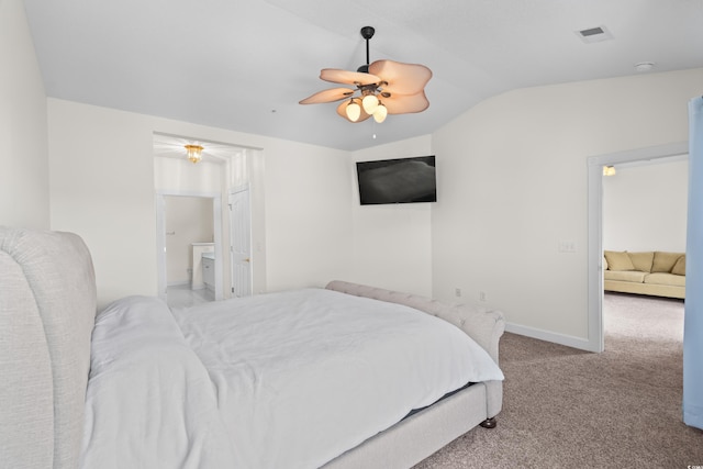 2241 Waterview Dr Unit 437, North Myrtle Beach, SC 29582 - bedroom with vaulted ceiling, carpet, a ceiling fan, ensuite bathroom, and baseboards