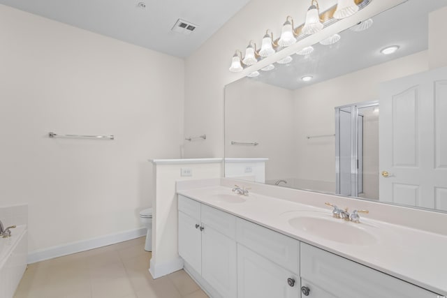 2241 Waterview Dr Unit 437, North Myrtle Beach, SC 29582 - bathroom with double vanity, a bath, tile patterned flooring, toilet, and a shower stall