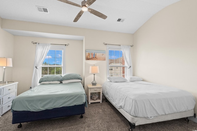 2241 Waterview Dr Unit 437, North Myrtle Beach, SC 29582 - bedroom featuring carpet flooring, vaulted ceiling, and a ceiling fan