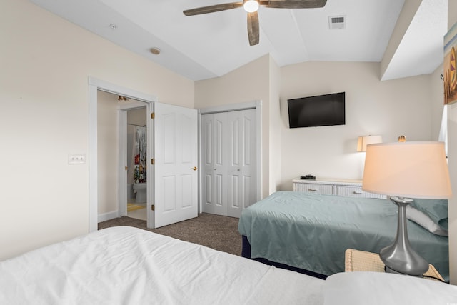 2241 Waterview Dr Unit 437, North Myrtle Beach, SC 29582 - bedroom featuring carpet flooring, lofted ceiling, a closet, baseboards, and ceiling fan