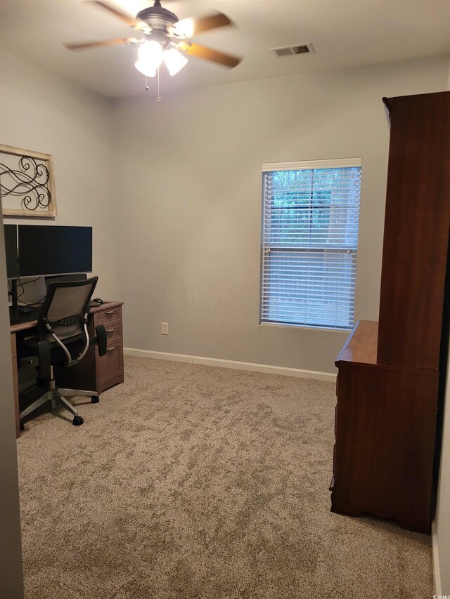 office featuring light wood-type flooring and ceiling fan