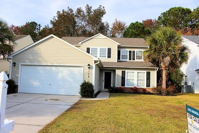 view of front facade featuring a front lawn, central AC unit, and a garage