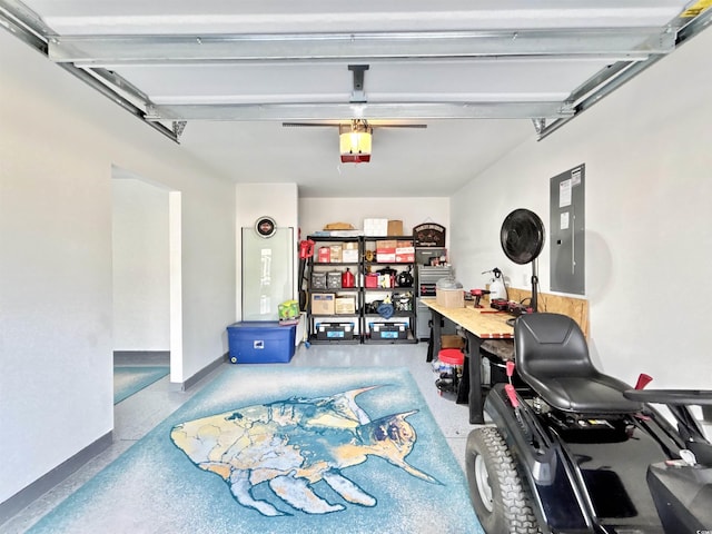 garage with electric panel and a garage door opener