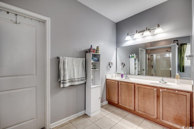 bathroom featuring vanity, walk in shower, and tile patterned flooring