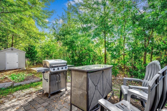 view of patio / terrace featuring a storage shed