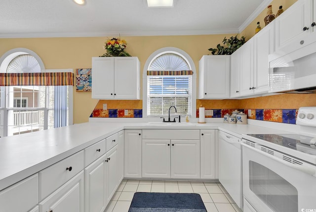 kitchen featuring white cabinetry, white appliances, sink, and crown molding