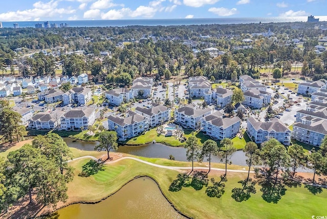 drone / aerial view with a water view