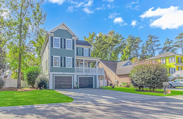 coastal inspired home featuring a front yard, an attached garage, fence, and driveway