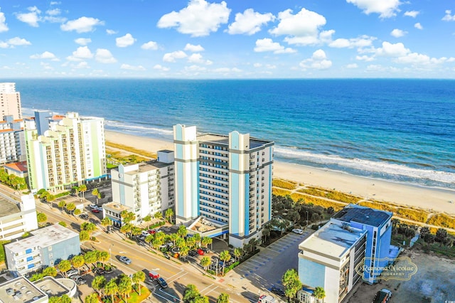 aerial view with a water view and a beach view