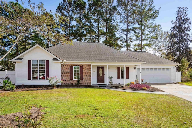 ranch-style home featuring a front yard and a garage