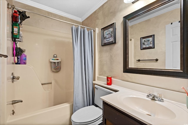 full bathroom featuring vanity, toilet, shower / bathtub combination with curtain, and ornamental molding