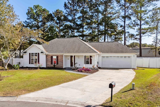 single story home featuring a front lawn and a garage