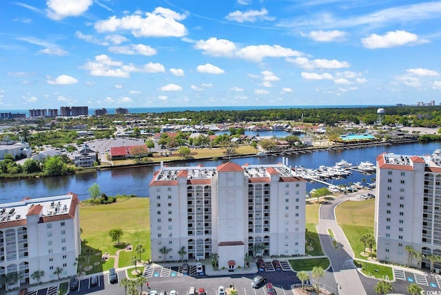 aerial view featuring a water view