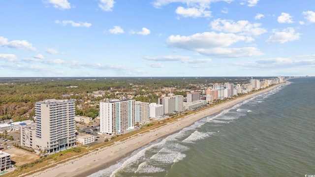 birds eye view of property with a water view and a beach view