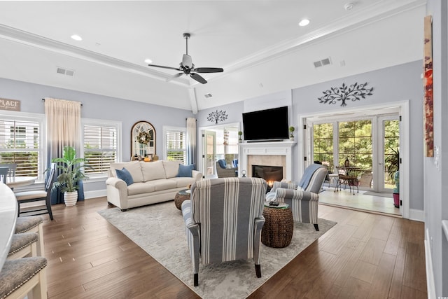 living room featuring dark wood-type flooring and a wealth of natural light