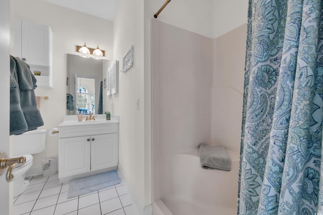 bathroom with walk in shower, vanity, toilet, and tile patterned flooring