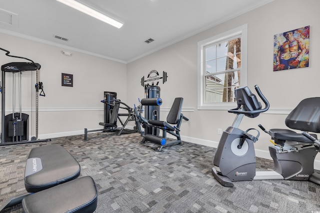 exercise room featuring ornamental molding and carpet floors