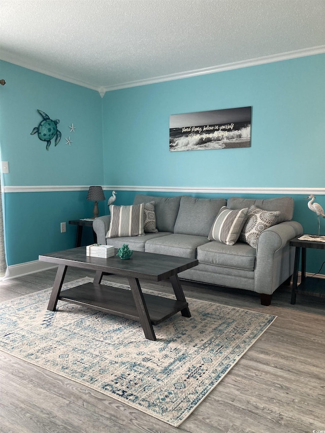 living room featuring hardwood / wood-style floors, crown molding, and a textured ceiling