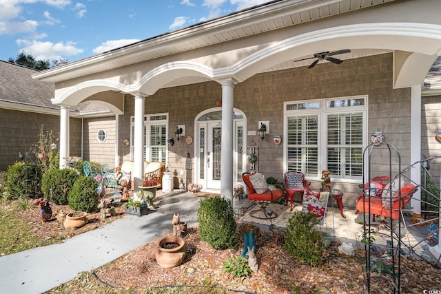 doorway to property with french doors and ceiling fan