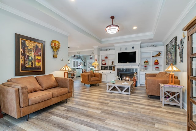 living room with ornamental molding, light hardwood / wood-style floors, and a raised ceiling