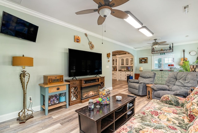 living room featuring light wood-type flooring, ceiling fan, and crown molding