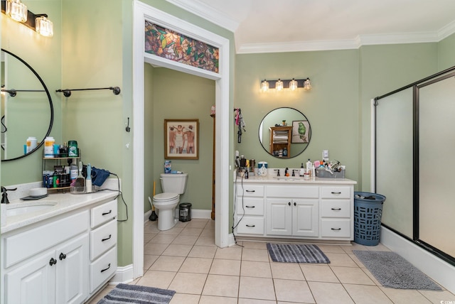 bathroom featuring an enclosed shower, vanity, tile patterned floors, and crown molding