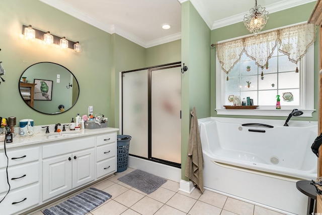 bathroom with vanity, tile patterned floors, ornamental molding, and separate shower and tub