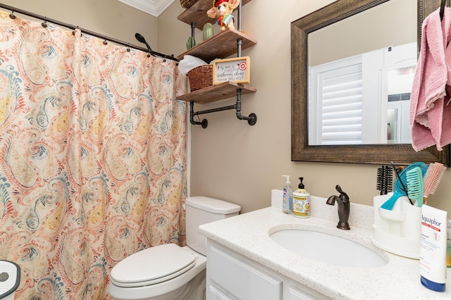 bathroom featuring vanity, toilet, and ornamental molding