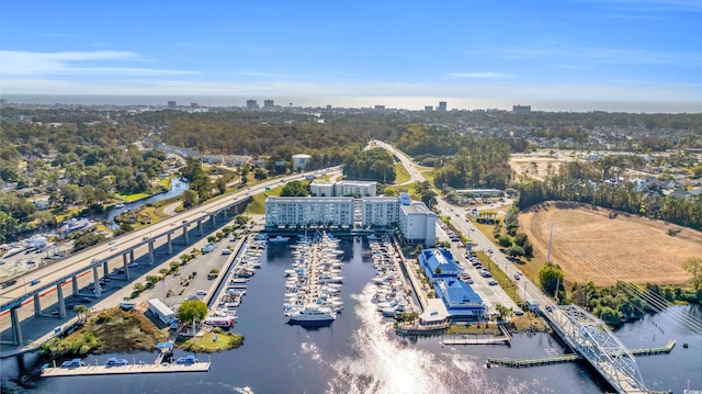 drone / aerial view with a water view