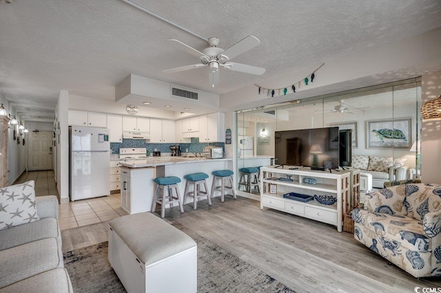 2609 S Ocean Blvd Unit 403, North Myrtle Beach, SC 29582 - living area with ceiling fan, light wood-style floors, and a textured ceiling