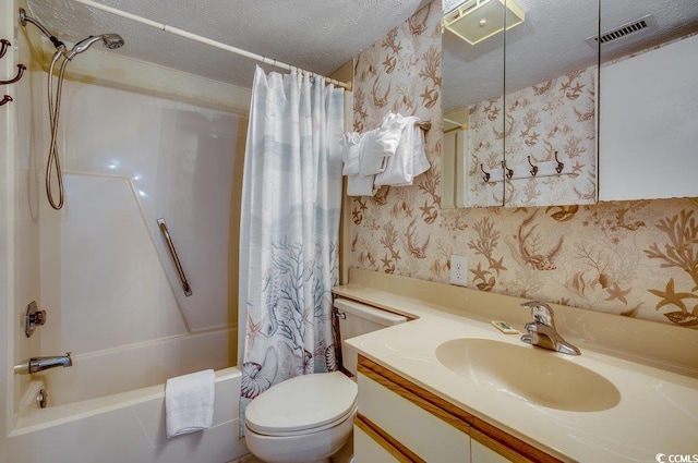 2609 S Ocean Blvd Unit 403, North Myrtle Beach, SC 29582 - bathroom featuring shower / tub combo with curtain, toilet, a textured ceiling, wallpapered walls, and vanity