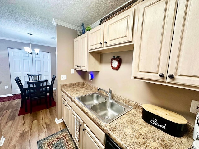 kitchen with ornamental molding, decorative light fixtures, an inviting chandelier, sink, and hardwood / wood-style flooring