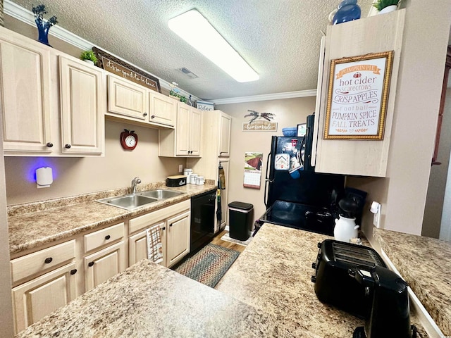 kitchen with light hardwood / wood-style floors, black appliances, a textured ceiling, sink, and crown molding