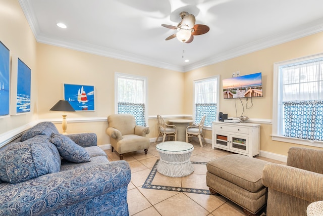 living room featuring ceiling fan, light tile patterned floors, and ornamental molding