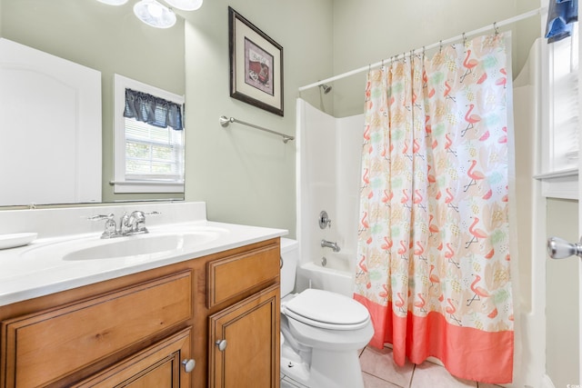 full bathroom with toilet, vanity, tile patterned flooring, and shower / bathtub combination with curtain