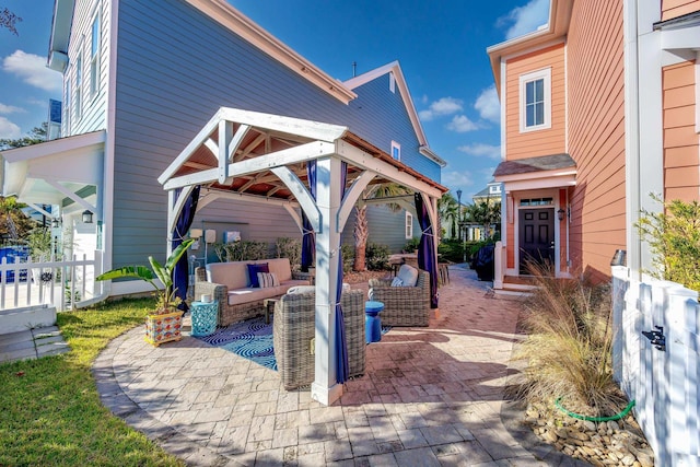 view of patio / terrace with a gazebo and outdoor lounge area
