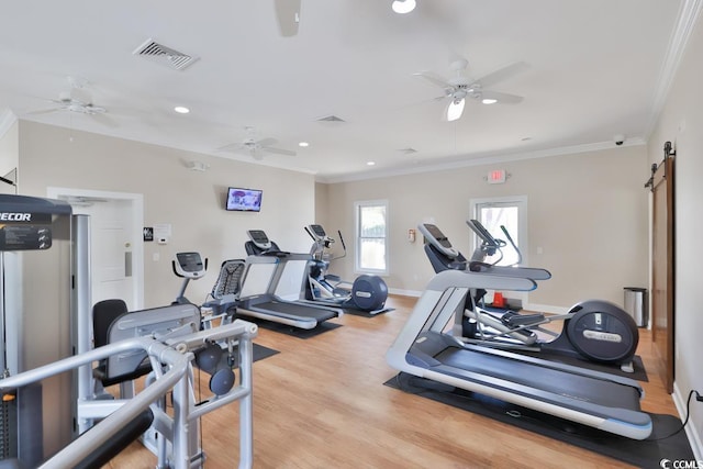 gym featuring a ceiling fan, crown molding, light wood finished floors, recessed lighting, and baseboards