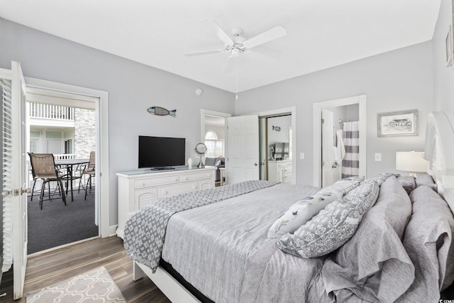 bedroom featuring dark hardwood / wood-style floors and ceiling fan