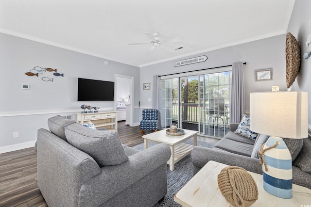 living room featuring ornamental molding, dark hardwood / wood-style flooring, and ceiling fan