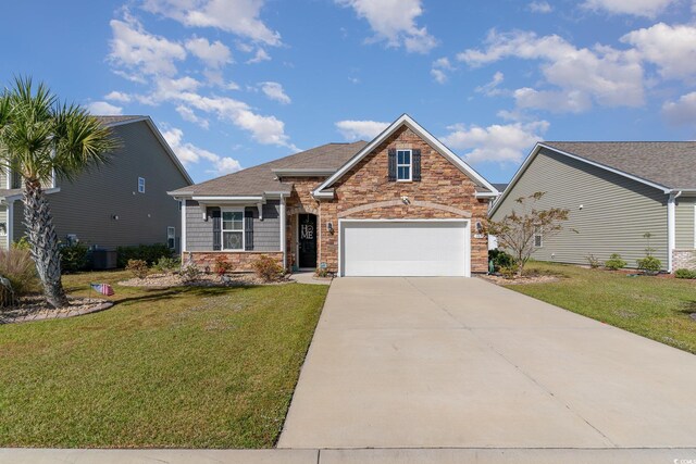 view of front of property with a front lawn, cooling unit, stone siding, and driveway