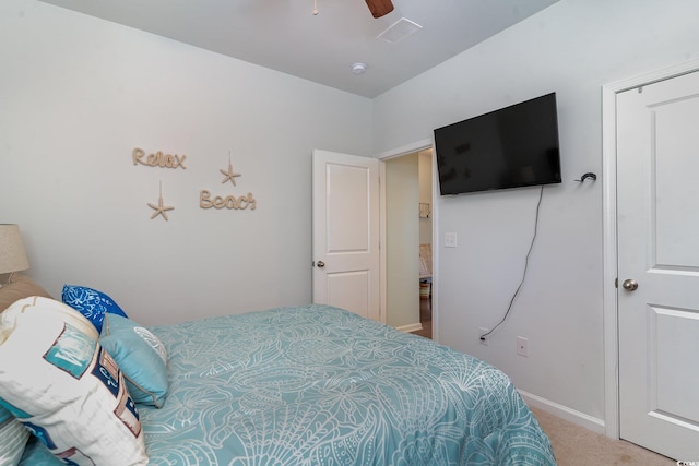 bedroom featuring ceiling fan and carpet floors