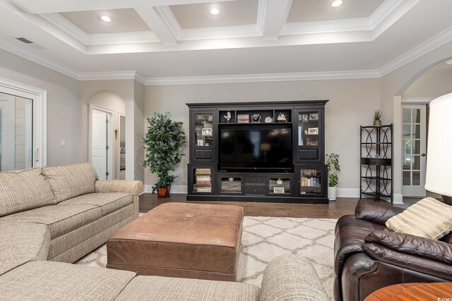 living room with coffered ceiling, hardwood / wood-style flooring, crown molding, and beam ceiling