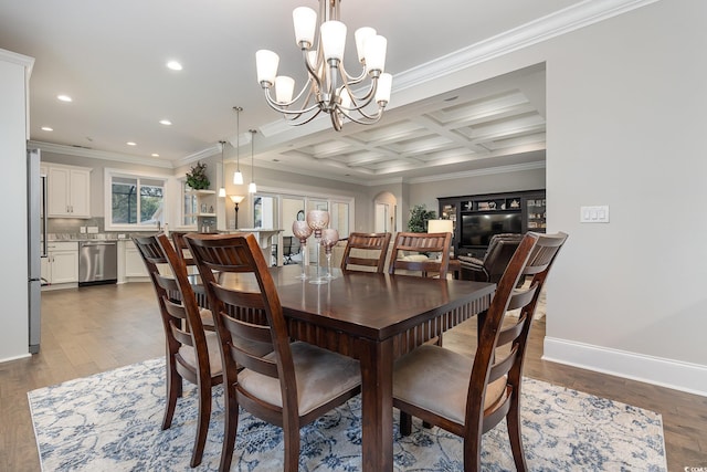 dining room with ornamental molding, hardwood / wood-style flooring, coffered ceiling, and an inviting chandelier